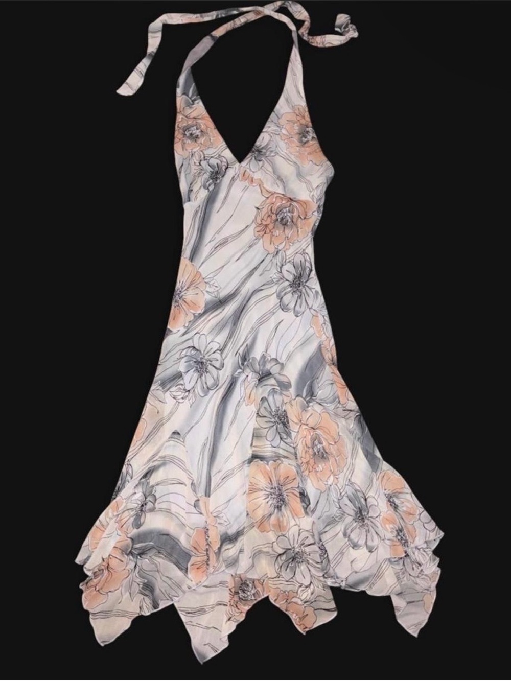 Floral Halter Midi Asymmetrical Dress in Peach & Gray